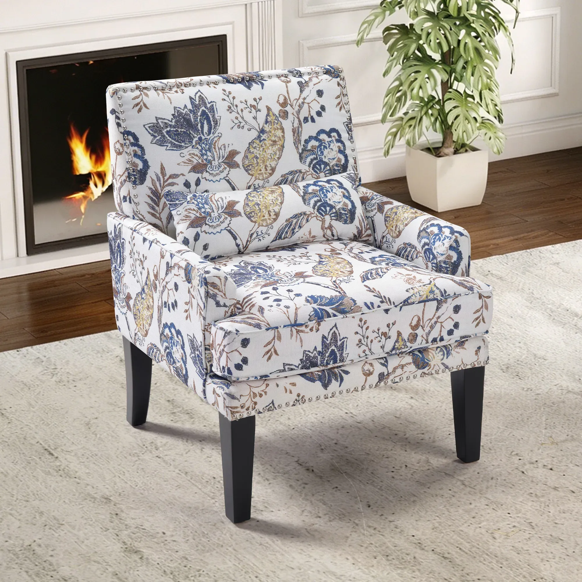 Modern Floral Print Accent Chair with Arms and Wooden Legs, Mid-Century High-Back Wing Chair, Blue Yellow Flor