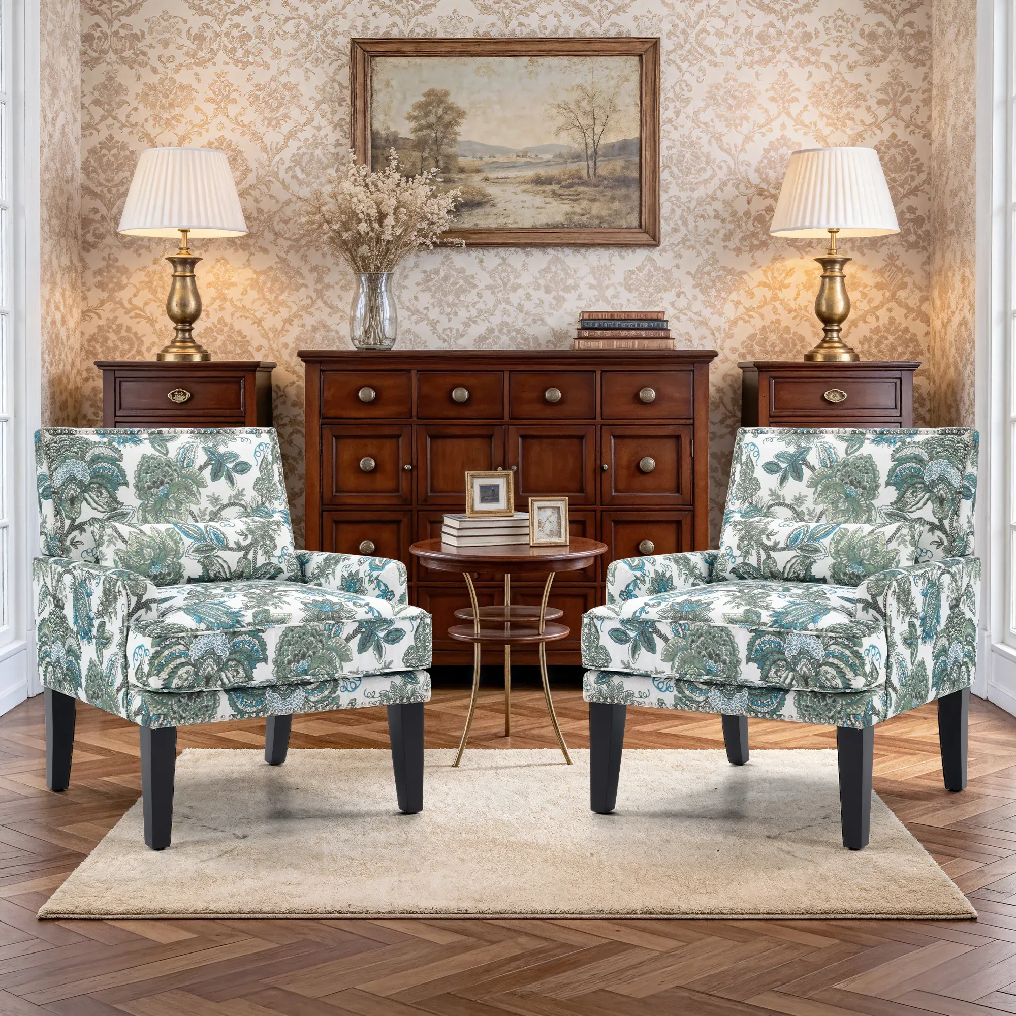 Modern Floral Print Accent Chair with Arms and Wooden Legs, 2-Pack Mid-Century High-Back Wing Chair, Blue Gree