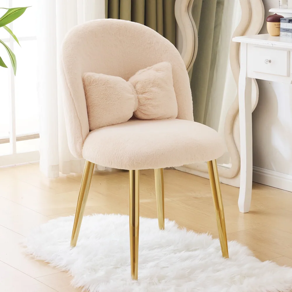 Vanity Makeup Chair Comfy Accent Chair Small Office Chair for Living Dining Room Bedroom Home Office Faux Rabbit Hair Light Khaki