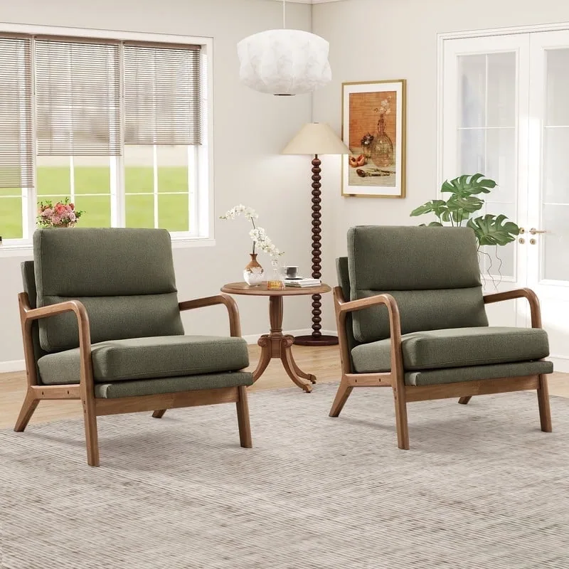 Mid-Century Modern Accent Chair — Comfy Fabric Lounge Armchair with Solid Wood Frame, Set of 2, Green