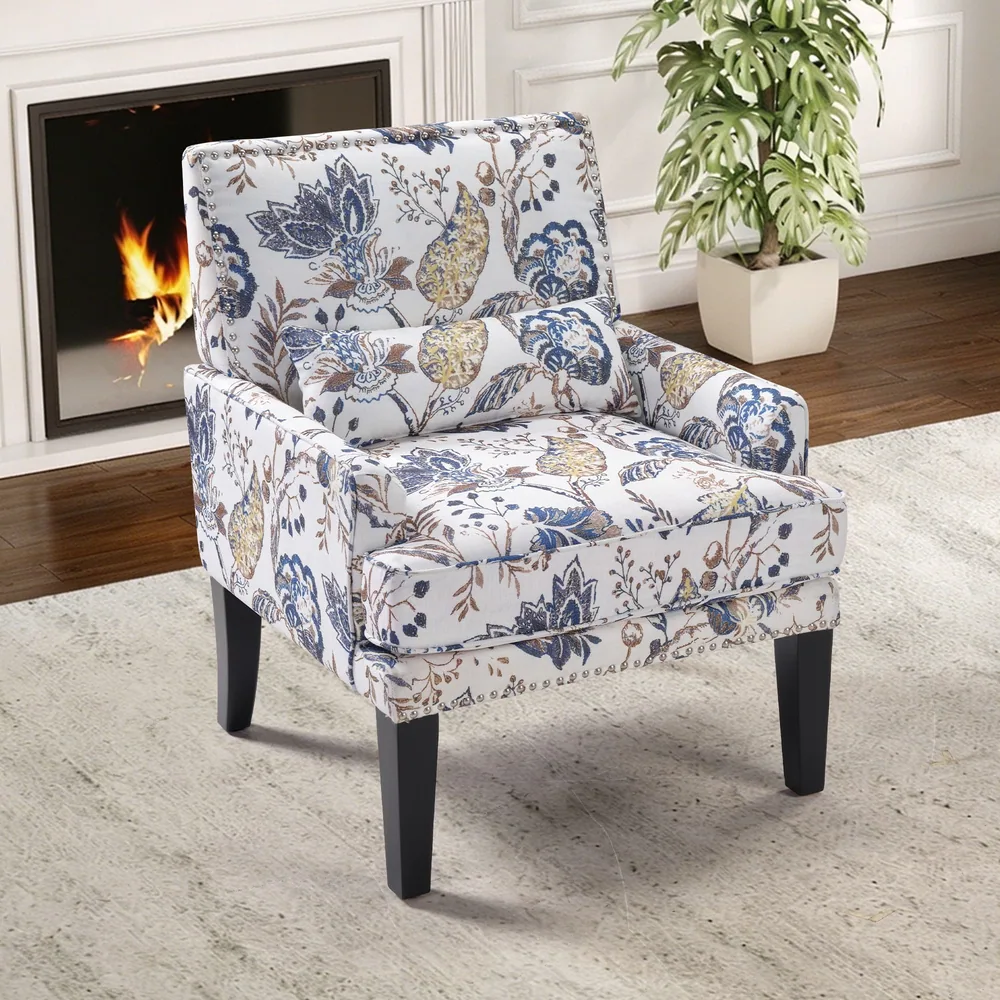 Modern Floral Print Accent Chair with Arms and Wooden Legs, Mid‑Century High‑Back Wing Chair with Padded Armrests & Cushioned Seat for Living Room, Blue Yellow Floral